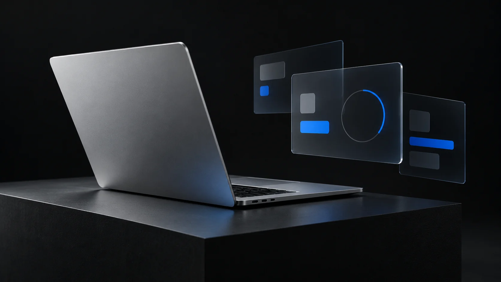 Ilustração de um notebook com camadas de interfaces digitais